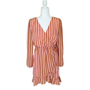 Q+A Los Angeles Women's‎ Pink & Brown Striped V-neck Faux Wrap Dress. Size M